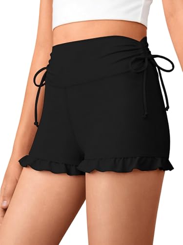 Girls High Waisted Ruffle Shorts - Athletic Yoga Dance Cheer Biker Workout Teen 15-16 Years Black