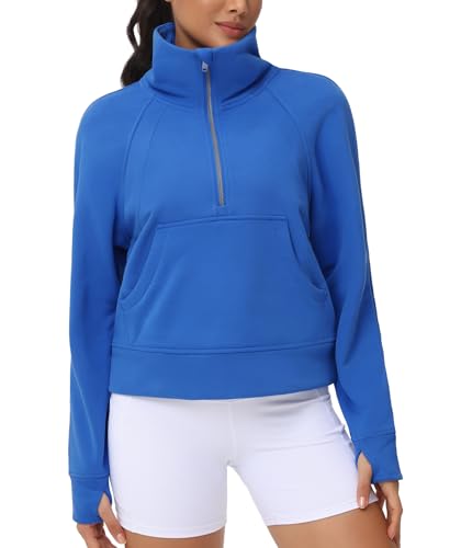 Women's Half Zip Fleece Crop Sweatshirt - Stand Collar, Sea Blue, Medium