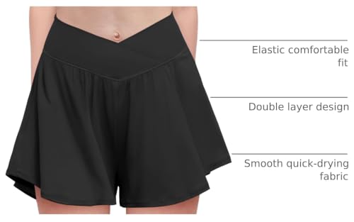 Girls Athletic Shorts with Pockets - Crossover Design, 11-12 Years - Black