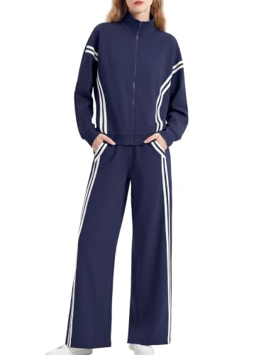 Women's 2 Piece Lounge Sets Navy Blue Large Zip Up Striped Tracksuit - Casual Wear