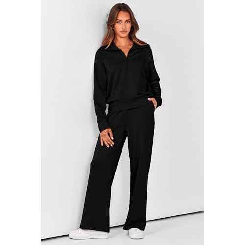 PRETTYGARDEN Women's 2 Piece Outfits Casual Lapel Half Zip Sweatshirts and Wide Leg Pants Tracksuit Sets