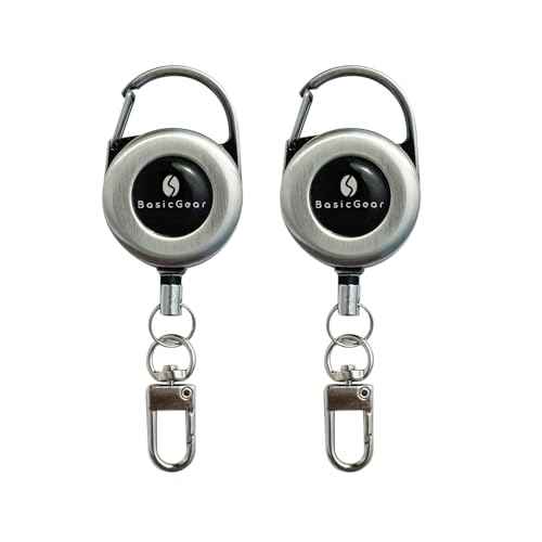 BasicGear Retractable Keychain 2 Pieces Brushed Metal with 24 Inch Cord, Heavy Duty Badge Reel Holder for Outdoors