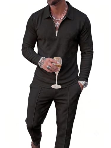 Men's 2-Piece Tracksuit Sets Long Sleeve Polo Sweat Suit - Medium Black