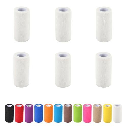 6 Pack Self Adhesive Bandage Wrap, 4 in x 5 Yards Non-Woven Self Adherent Cohesive Bandage, Vet Wrap Wound Tape for Thumb Finger Wrist Knee Ankle, White