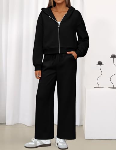 ZESICA Women's 2 Piece Zip Up Sweat Set - Fall Airport Travel Outfit Medium Black
