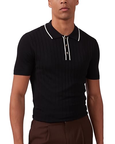 Men's Vintage Knitted Polo Shirt Short Sleeve Solid Collared Golf Top - Large Black