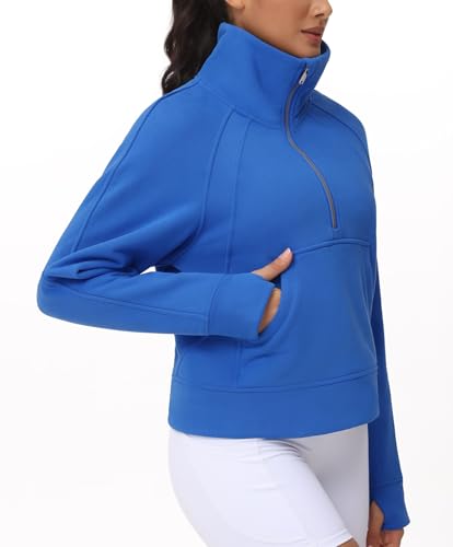 Women's Half Zip Fleece Crop Sweatshirt - Stand Collar, Sea Blue, Medium