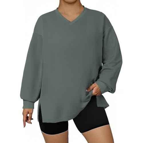 Eytino Plus Size Sweatshirts for Women Oversized V Neck Long Sleeve Pullover Tops 2025 Fall Fashion Outfit Clothes(1X-5X)