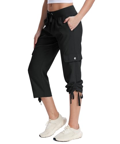 Women's Cargo Capri Pants with 6 Pockets - Lightweight Summer Hiking Capris, Medium / Black