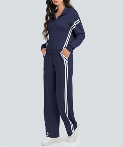 Women's 2 Piece Lounge Sets Navy Blue Large Zip Up Striped Tracksuit - Casual Wear