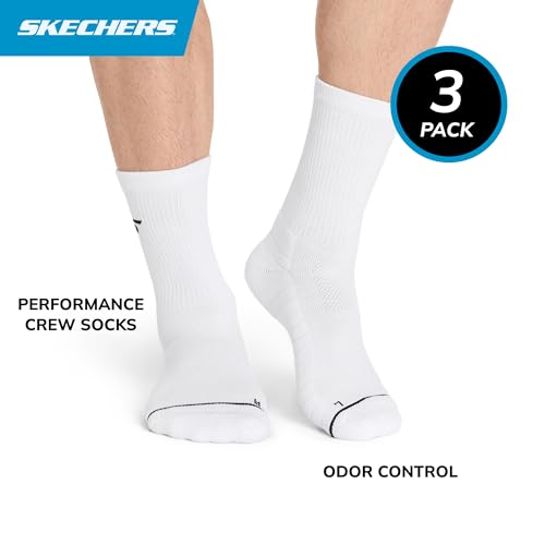Skechers Men's 3-Pack Performance Pickleball Crew Socks - Odor Control & Mesh Ventilation - Size 10-13 - White