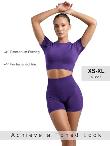 Inno Seamless Workout Sets for Women - Purple Medium Crop Top & Biker Shorts