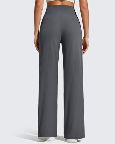 G4Free Ribbed Knit Wide Leg Pants Women with Pockets 32-Inch Inseam Dark Gray