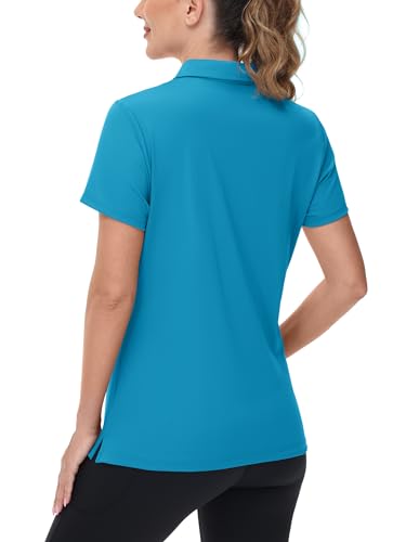 Women's V-Neck Polo Shirt UPF 50+ Sun Protection Short Sleeve Golf Collared Top - Green & Blue, Large