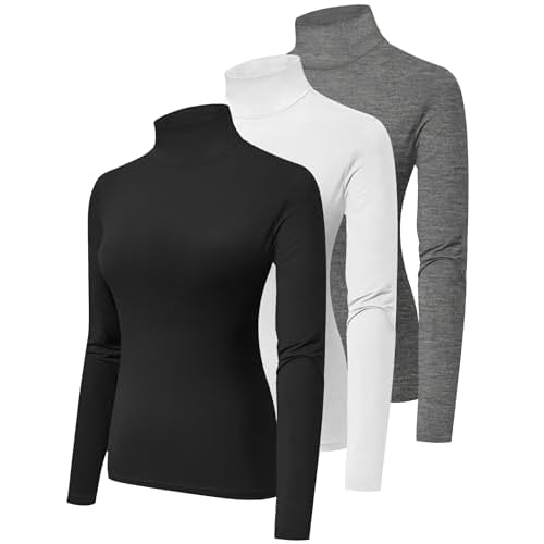 HOPLYNN 3 Pack Turtlenecks Women Long Sleeve Pullover Baselayer Undershirts Tops Turtle Neck Mock Shirts