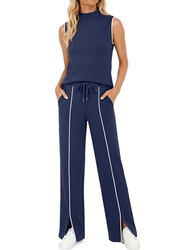 X-Small Women's Summer Two Piece Sets Sleeveless Tank & Wide Leg Pants - Navy Blue
