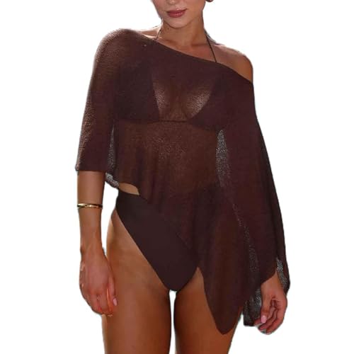 Women Sheer Poncho Top Lightweight Knit Crochet Shrug Cover Up Small Brown