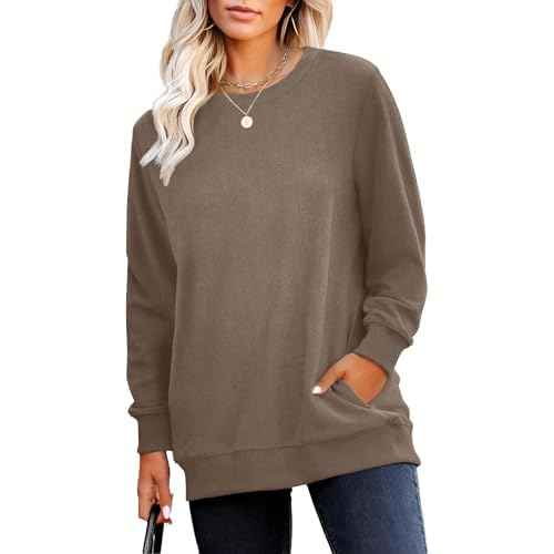 RUMIA Crewneck Fall Sweatshirts for Women Trendy- Women's Plain Long Sleeve Pullover Tops with Pockets Fashion