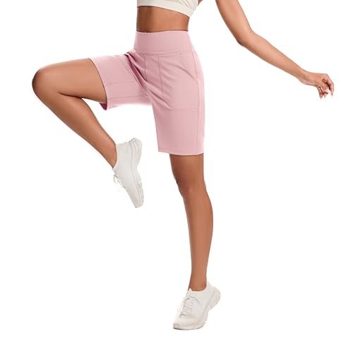 Women’s Bermuda Shorts with Zipper Pocket, High Waist, Long Fit - Pink, Medium