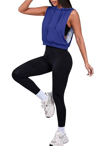 Hilinker Women's Sleeveless Hoodie Open Back Mesh Workout Top XL Blue