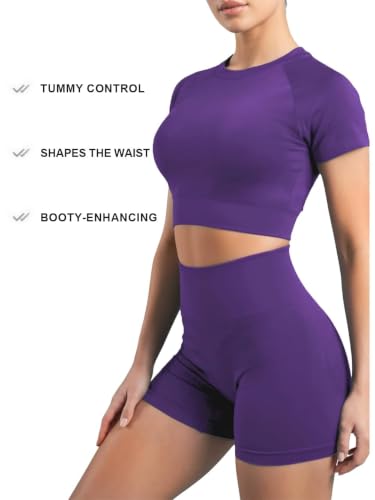 Inno Seamless Workout Sets for Women - Purple Medium Crop Top & Biker Shorts