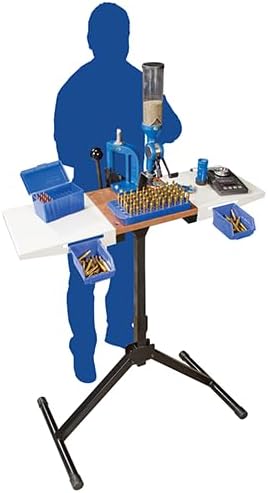 Frankford Arsenal Platinum Series Reloading Stand with Adjustable Steel Frame Construction, Wood Surface Center and Storage Bins for Reloading, Black, White, Blue