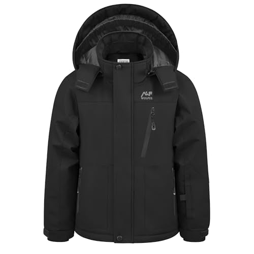 WULFUL Kids Waterproof Ski Jacket - Snow Coat for Boys 14-16 Years - Black