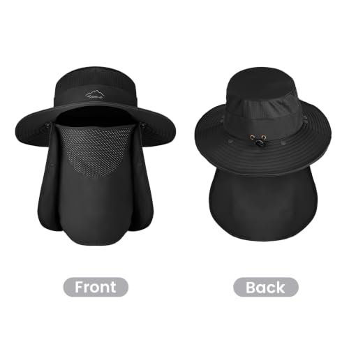 Black UPF 50+ Waterproof Sun Hat with Removable Face Cover & Neck Flap - Men Women Bucket Hat