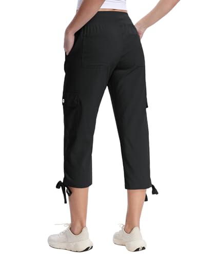 Women's Cargo Capri Pants with 6 Pockets - Lightweight Summer Hiking Capris, Medium / Black