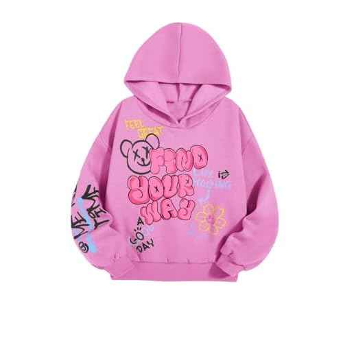 WDIRARA Girl's Cartoon Letter Graphic Hoodie Drop Shoulder Long Sleeve Pullover Sweatshirt