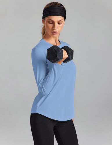 PINSPARK Women's Long Sleeve Workout Top - Medium Blue Athletic Hiking Shirt