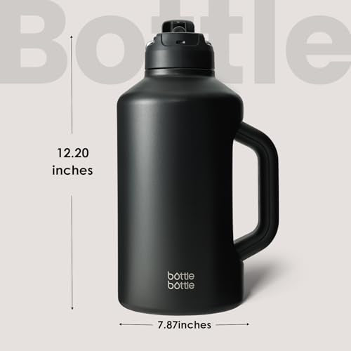 Insulated 64 oz Water Bottle with Dual-Use Lid and Large Handle - Black