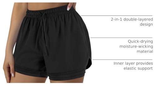 Women's 2-in-1 Running Shorts Medium Black High-Waisted Workout Gym Shorts