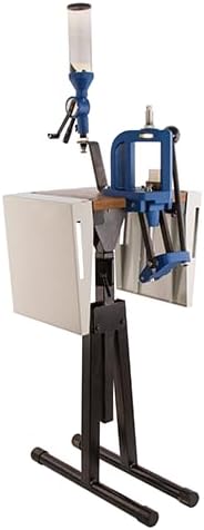 Frankford Arsenal Platinum Series Reloading Stand with Adjustable Steel Frame Construction, Wood Surface Center and Storage Bins for Reloading, Black, White, Blue