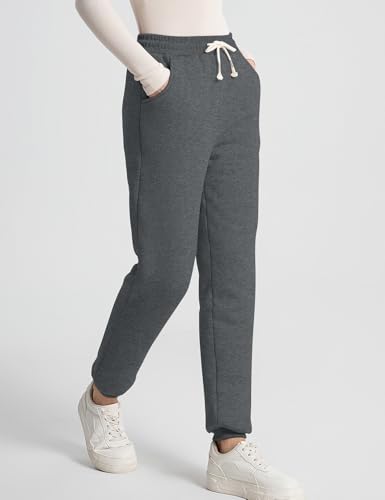 Flygo Womens Winter Fleece Joggers with Pockets - Sherpa Lined Pants, Small Dark Grey
