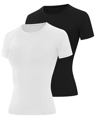 Women’s Medium Black & White Compression Workout T-Shirt UPF 50+ Moisture Wicking