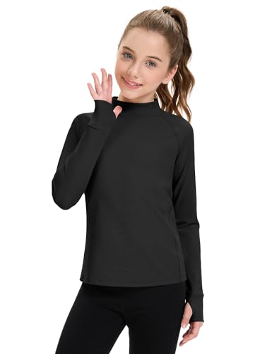 Girls Long Sleeve Turtleneck Shirt - Kids Athletic Top, Black, 9-10 Years