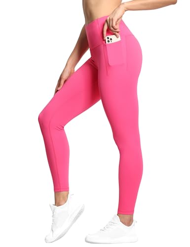 Women Tummy Control Yoga Leggings with Pockets - Full Length, Medium, Bright Pink