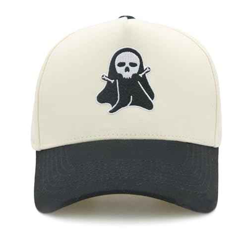 Embroidered Ghost Trucker Hat for Men & Women, Adjustable Horror Spooky Baseball Cap Black/Beige