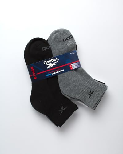 Reebok Boys Quarter Socks 6 Pack Performance Athletic Socks Large Black White Grey
