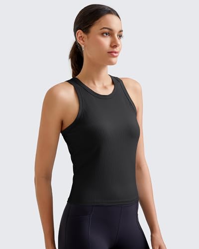 G4Free Women's Ribbed Workout Tank Top - Slim Fit Racerback Yoga Top with No Built-in Bra - Medium Black