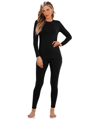 Women's Thermal Long Johns Set - Fleece Lined Lounge Set - Large / Black