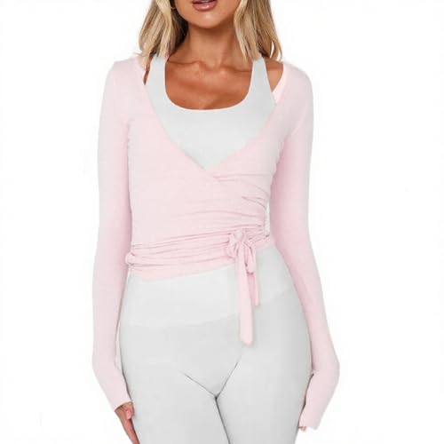 Women Wrap Top Long Sleeve Deep V Neck Cross Tie Workout Ballet Pilates Yoga Shirt