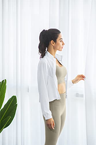 Women's UPF 50+ Athletic Running Track Zip Up Cropped Jacket - Small White