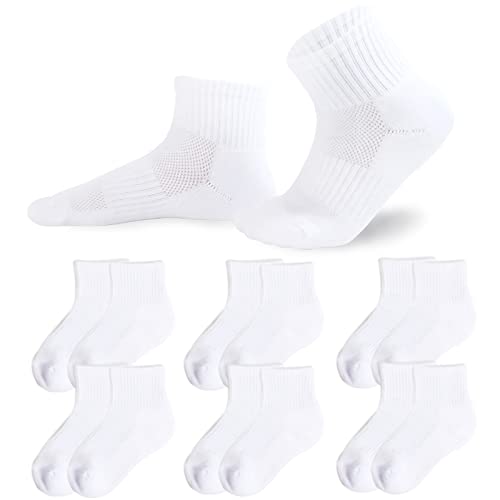 Kids Athletic Ankle Socks 6 Pairs - Breathable Cushioned Mesh Sports Socks, 7-10 Years, White