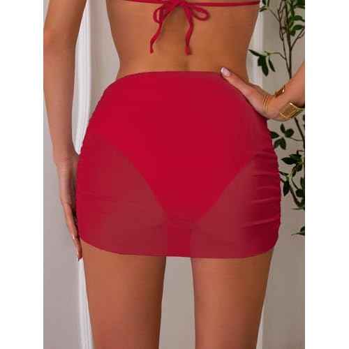 SherryDC Women's Ruched Mesh Bikini Swimsuit Bottoms High Waisted Sheer Short Swim Skirt