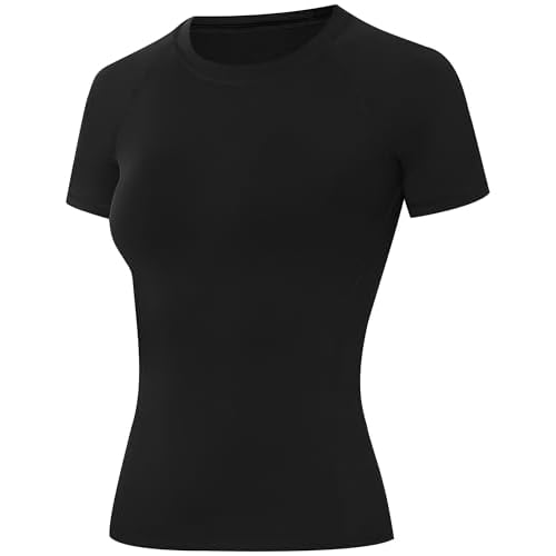 Runhit Compression Shirt Women Short Sleeve Workout Tops Athletic Gym Moisture Wicking T-Shirt Running Yoga Base Layer