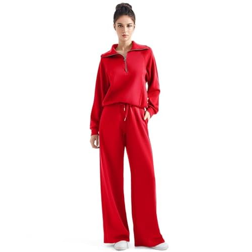 SUUKSESS Women 2 Piece Lounge Matching Set Wide Leg Sweatpant Half Zip Sweatshirt