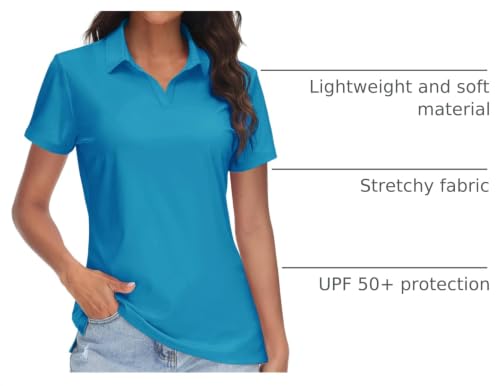 Women's V-Neck Polo Shirt UPF 50+ Sun Protection Short Sleeve Golf Collared Top - Green & Blue, Large