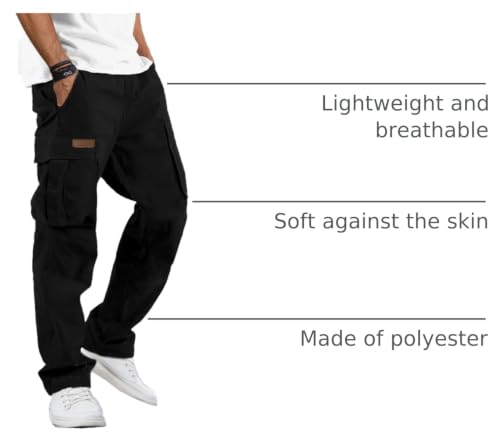 Mens Cargo Pants Casual Workout Hiking Sweatpants Large Black with Multi Pockets